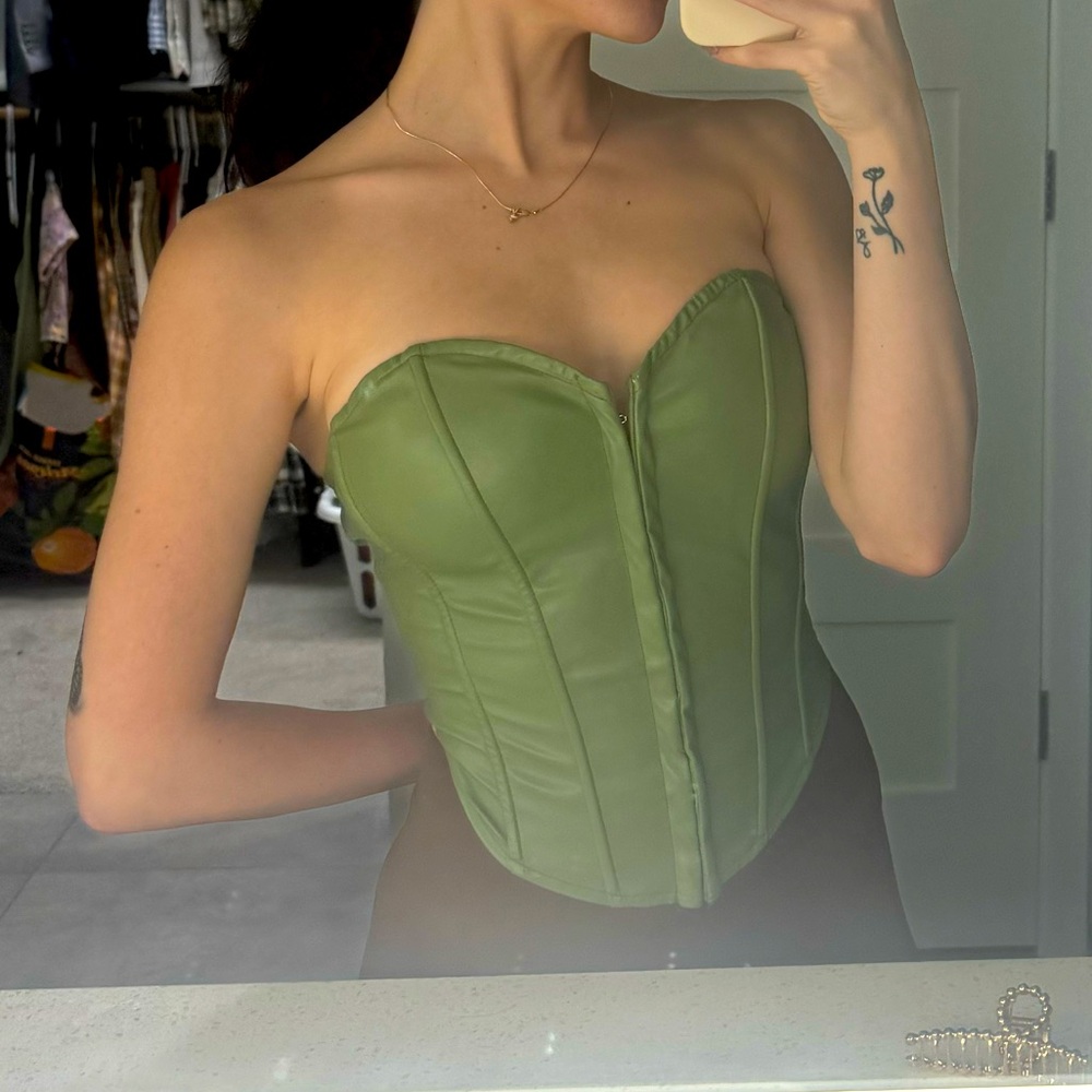 Green Leather Strapless Wired Corset Top